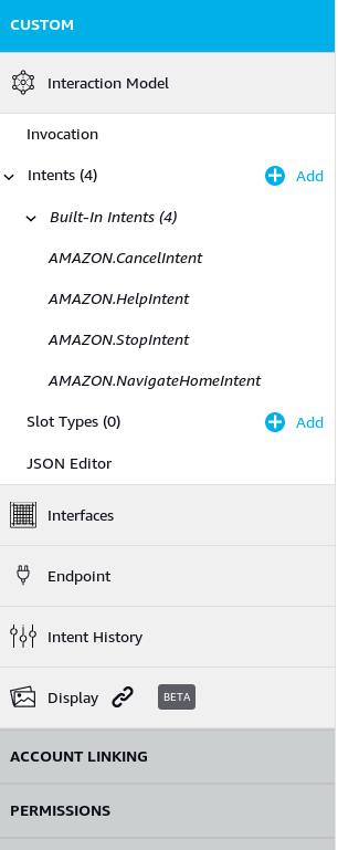 The Alexa developer console tabs